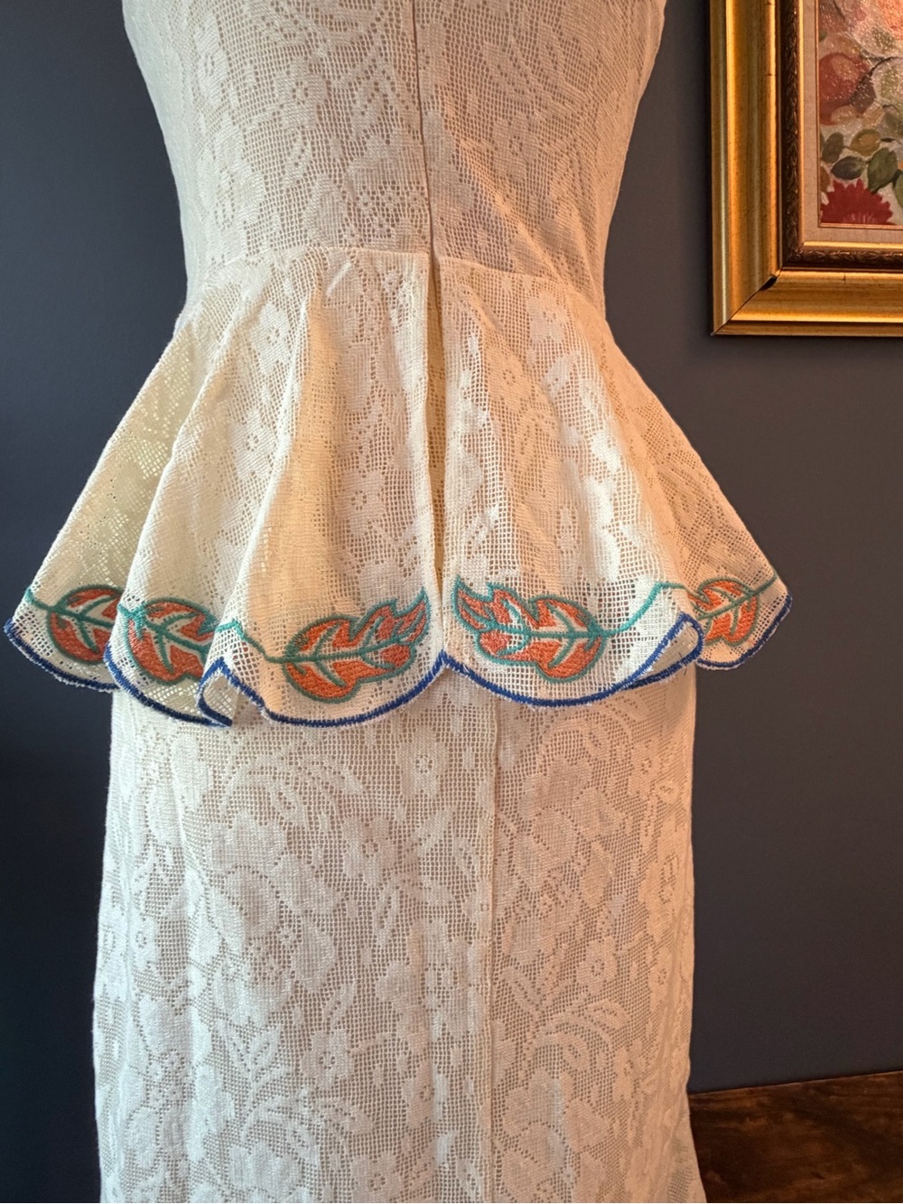 Embroidered Ivory Lace Peplum Midi Dress - Picture 5 of 8